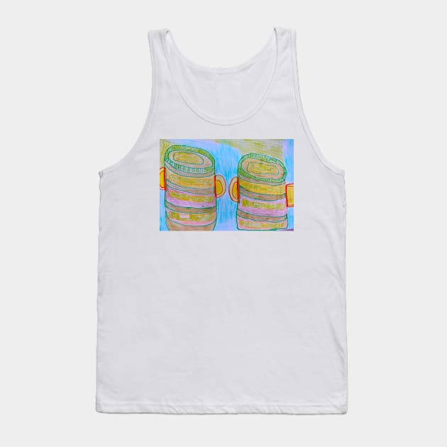 African Drums in Green and Yellow on Blue Background Tank Top by PodmenikArt